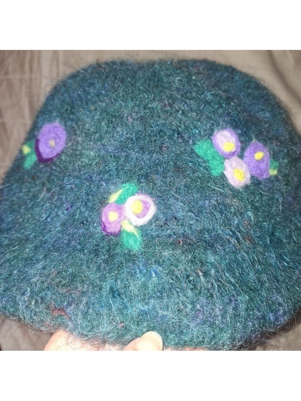 Green Purple Wool Felted Floral Winter Hat Large